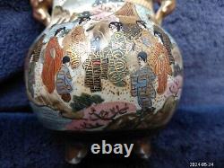 Fine Antique Japanese Satsuma Pottery Signed Tripod Koro Geisha Immortal Foo Dog