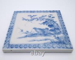 Fine Antique Japanese Seto Blue and White Porcelain Tile With Quails. 19th c