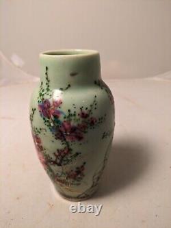 Fine Antique Japanese Seto Green Celadon Porcelain Vase Pink Flowers Art gold