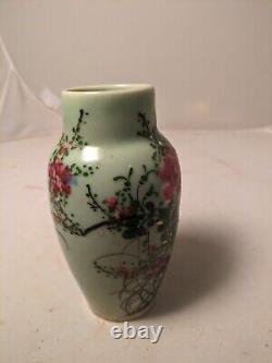 Fine Antique Japanese Seto Green Celadon Porcelain Vase Pink Flowers Art gold