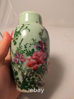 Fine Antique Japanese Seto Green Celadon Porcelain Vase Pink Flowers Art gold