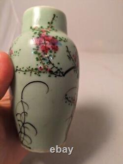 Fine Antique Japanese Seto Green Celadon Porcelain Vase Pink Flowers Art gold