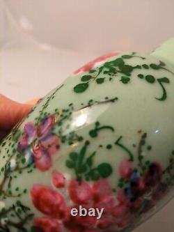 Fine Antique Japanese Seto Green Celadon Porcelain Vase Pink Flowers Art gold