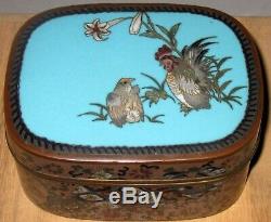 Fine Antique Japanese Silver Wire Cloisonne Enamel Box with Rooster and Hen RARE