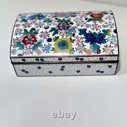 Fine Antique Japanese White Cloisonné Box With Colorful Floral Design Dome Lid