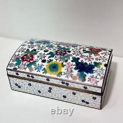 Fine Antique Japanese White Cloisonné Box With Colorful Floral Design Dome Lid