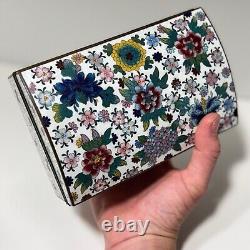 Fine Antique Japanese White Cloisonné Box With Colorful Floral Design Dome Lid