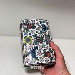 Fine Antique Japanese White Cloisonné Box With Colorful Floral Design Dome Lid