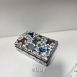 Fine Antique Japanese White Cloisonné Box With Colorful Floral Design Dome Lid