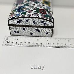 Fine Antique Japanese White Cloisonné Box With Colorful Floral Design Dome Lid