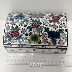 Fine Antique Japanese White Cloisonné Box With Colorful Floral Design Dome Lid