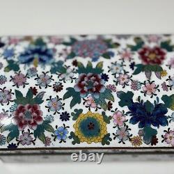 Fine Antique Japanese White Cloisonné Box With Colorful Floral Design Dome Lid