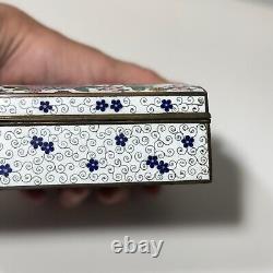 Fine Antique Japanese White Cloisonné Box With Colorful Floral Design Dome Lid