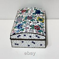 Fine Antique Japanese White Cloisonné Box With Colorful Floral Design Dome Lid