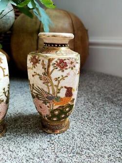 Fine Antique Japanese pair Satsuma Vases bird early pieces 15.5cm tall