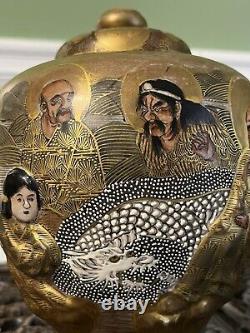 Fine Antique Late 19th Century Japanese Immortals Satsuma Vase Lid Meiji Period