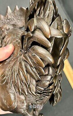 Fine Antique Meiji Japanese Okimono Bronze Study Of Rooster Signed Kihara Hoshu