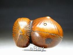 Fine Boxwood Carved NETSUKE Worm-eaten Chestnuts 19thC Japanese Original Antique
