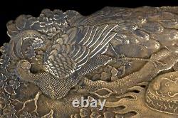 Fine Bronze 19th C. Antique Japanese Meiji Peacock Pin Pen Tray Signed