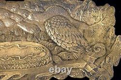 Fine Bronze 19th C. Antique Japanese Meiji Peacock Pin Pen Tray Signed