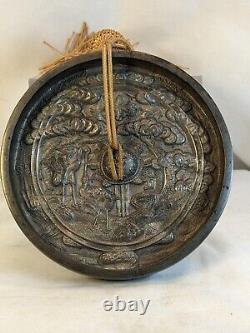 Fine Cast Japanese Edo Bronze Kagami Mirror Tortoise Crane 4.5 in diam Signed