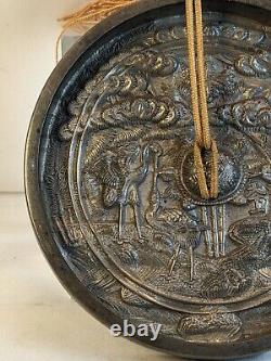 Fine Cast Japanese Edo Bronze Kagami Mirror Tortoise Crane 4.5 in diam Signed