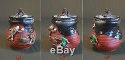 Fine Early 20th Century Japanese Sumida Gawa Jar with Lid 3 Monkeys