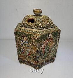 Fine Hexagon Japanese Signed Meiji Satsuma Incense Burner Koro & Buddhists