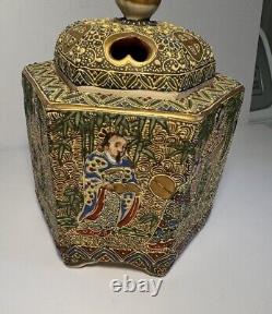 Fine Hexagon Japanese Signed Meiji Satsuma Incense Burner Koro & Buddhists