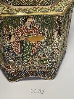 Fine Hexagon Japanese Signed Meiji Satsuma Incense Burner Koro & Buddhists