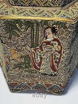 Fine Hexagon Japanese Signed Meiji Satsuma Incense Burner Koro & Buddhists