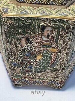 Fine Hexagon Japanese Signed Meiji Satsuma Incense Burner Koro & Buddhists