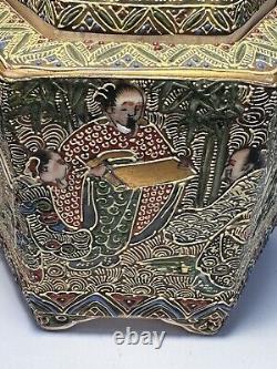 Fine Hexagon Japanese Signed Meiji Satsuma Incense Burner Koro & Buddhists