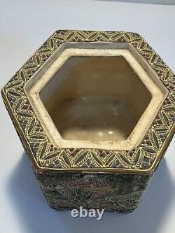 Fine Hexagon Japanese Signed Meiji Satsuma Incense Burner Koro & Buddhists