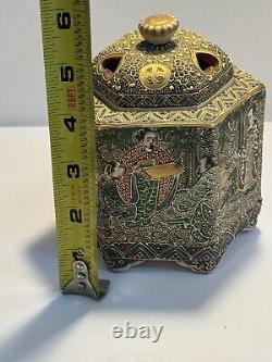 Fine Hexagon Japanese Signed Meiji Satsuma Incense Burner Koro & Buddhists