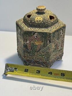 Fine Hexagon Japanese Signed Meiji Satsuma Incense Burner Koro & Buddhists