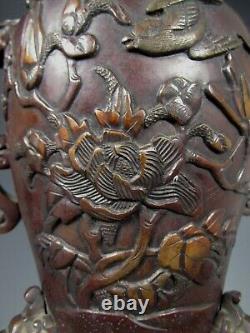 Fine Japan Japanese Bronze Lotus & Avian Decor Incense Burner vase ca. 1920-30's