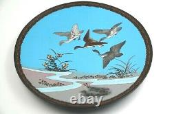 Fine Japanese Antique 19th c. Bronze Enameled Cloisonné Plate With Flying Birds