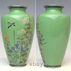 Fine Japanese Antique Cloisonne Enamel Vase Bird Flowers Silver Rims Meiji 7.1