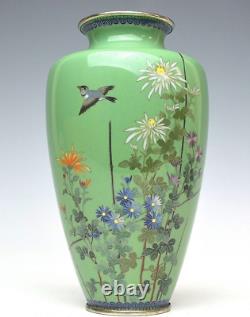 Fine Japanese Antique Cloisonne Enamel Vase Bird Flowers Silver Rims Meiji 7.1in