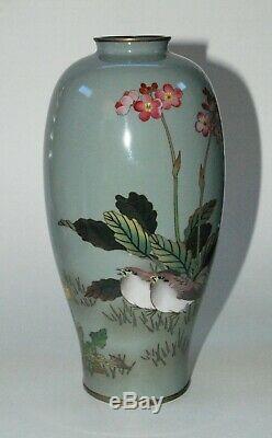 Fine Japanese Cloisonne Enamel Vase with 2 Birds Signed by Ota