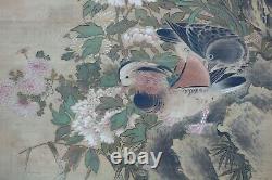 Fine Japanese Edo Period Hanging Silk Scroll Painting Chrysanthemum Koi Doves