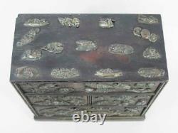 Fine Japanese Elm Table Cabinet Chest of Drawers with Brass Appliqué Motifs 1890