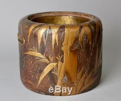 Fine Japanese Gold Makie bamboo design Wooden Hibachi or Flower vase AA63