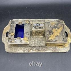 Fine Japanese Japan Silver & Gilt Metal Smokers tray with Box, Ashtray, & lighter