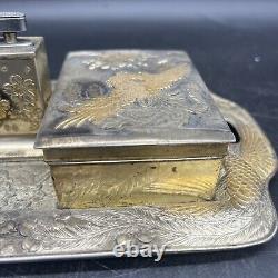 Fine Japanese Japan Silver & Gilt Metal Smokers tray with Box, Ashtray, & lighter