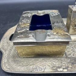 Fine Japanese Japan Silver & Gilt Metal Smokers tray with Box, Ashtray, & lighter