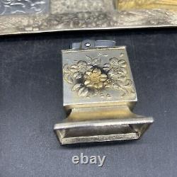 Fine Japanese Japan Silver & Gilt Metal Smokers tray with Box, Ashtray, & lighter