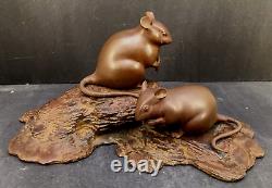 Fine Japanese Meiji Bronze Okimono Two Mice on a Wooden Base