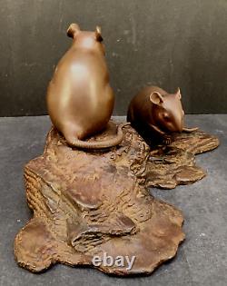 Fine Japanese Meiji Bronze Okimono Two Mice on a Wooden Base